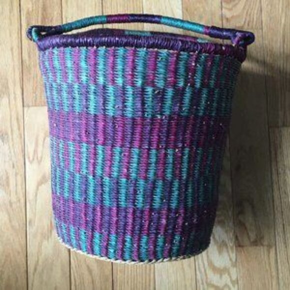Vintage Large Purple Green Woven Bolga Storage Market Basket Handles 12” - Picture 5 of 5